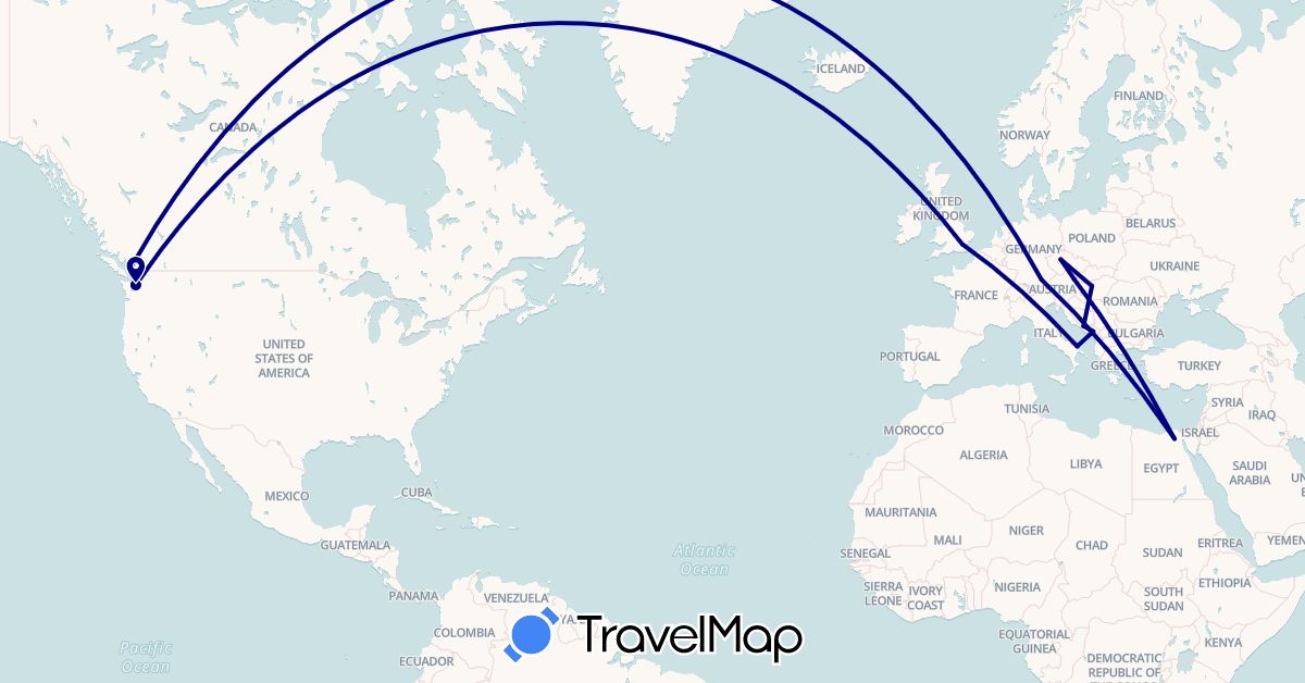 TravelMap itinerary: driving in Austria, Bosnia and Herzegovina, Canada, Czech Republic, Germany, Egypt, United Kingdom, Hungary, Italy, Montenegro, United States (Africa, Europe, North America)